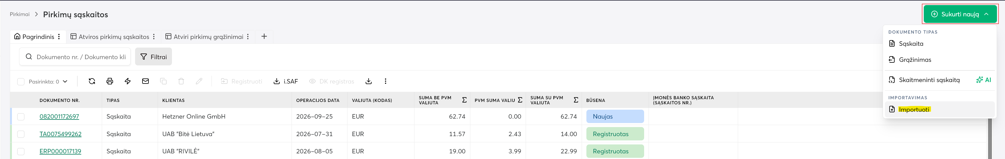 Rivile ERP pirkimų importas iš XLSX šablono