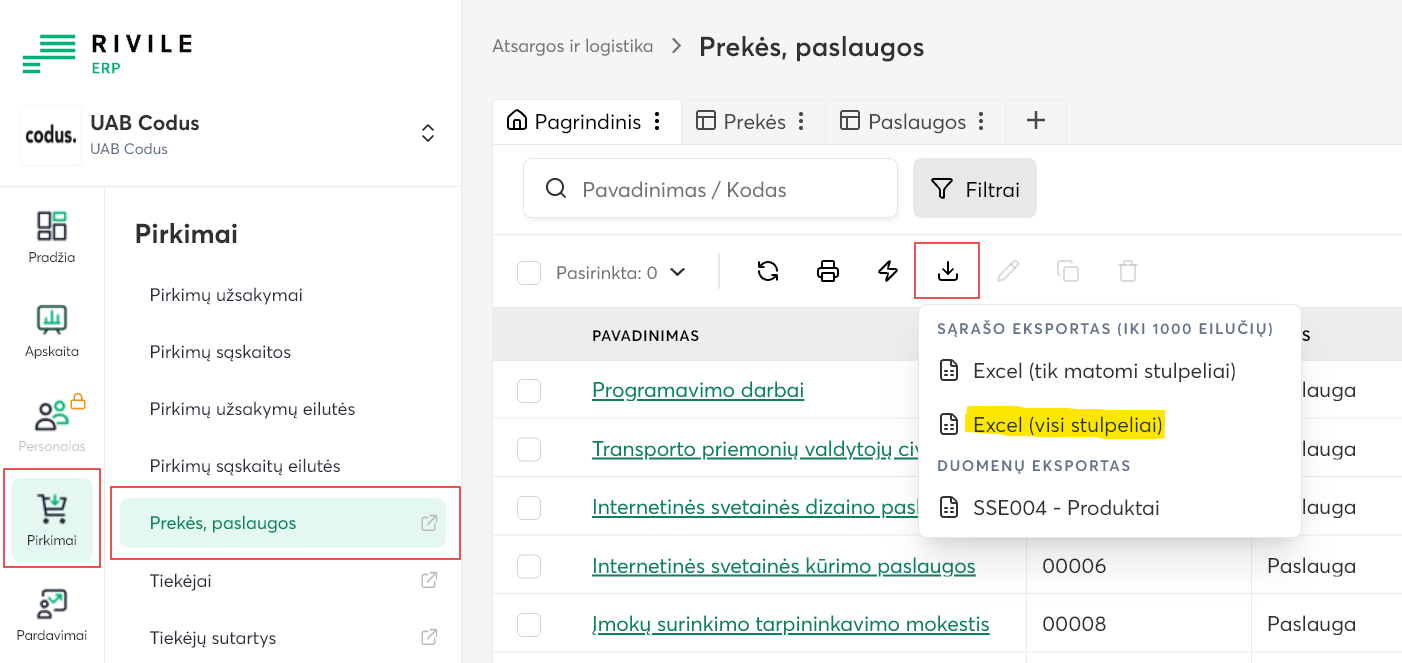Rivile ERP produktų sąrašo eksportas į Excel
