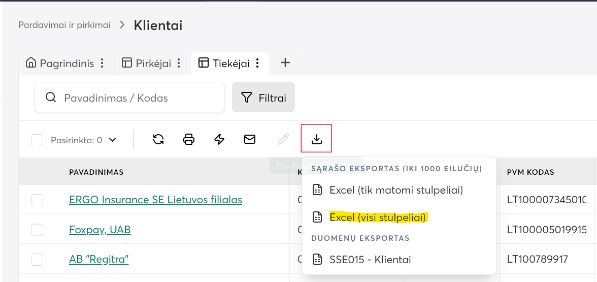 Rivile ERP klientų eksportas į Excel