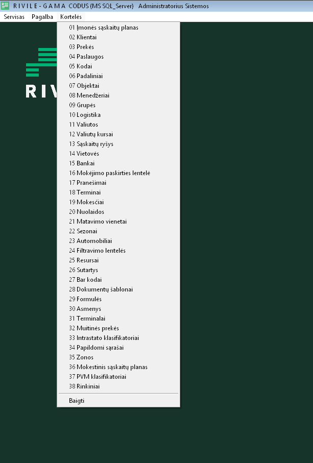 Rivile GAMA kortelių langas su žinynų lentelėmis